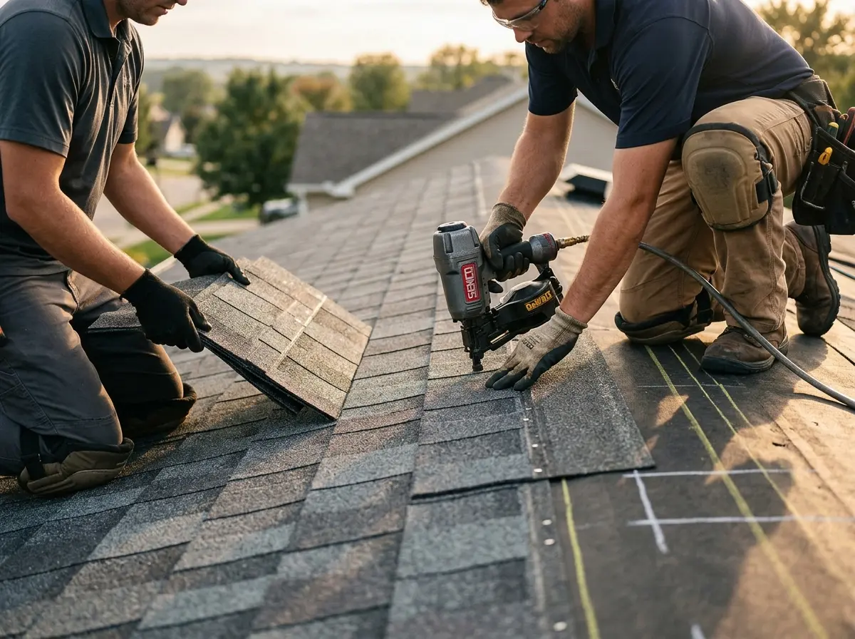 Professional roofer working on a residential roof in Beachwood